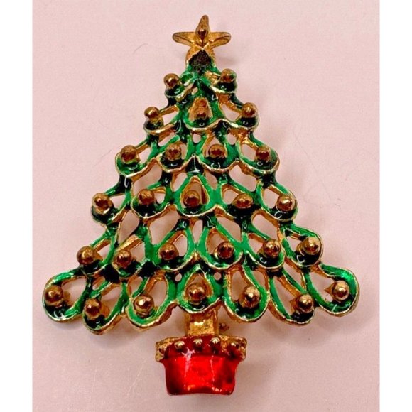 Christmas Tree Brooch Pin Vintage Jewelry Green Star Top Textured 2.5 inch - Picture 3 of 5